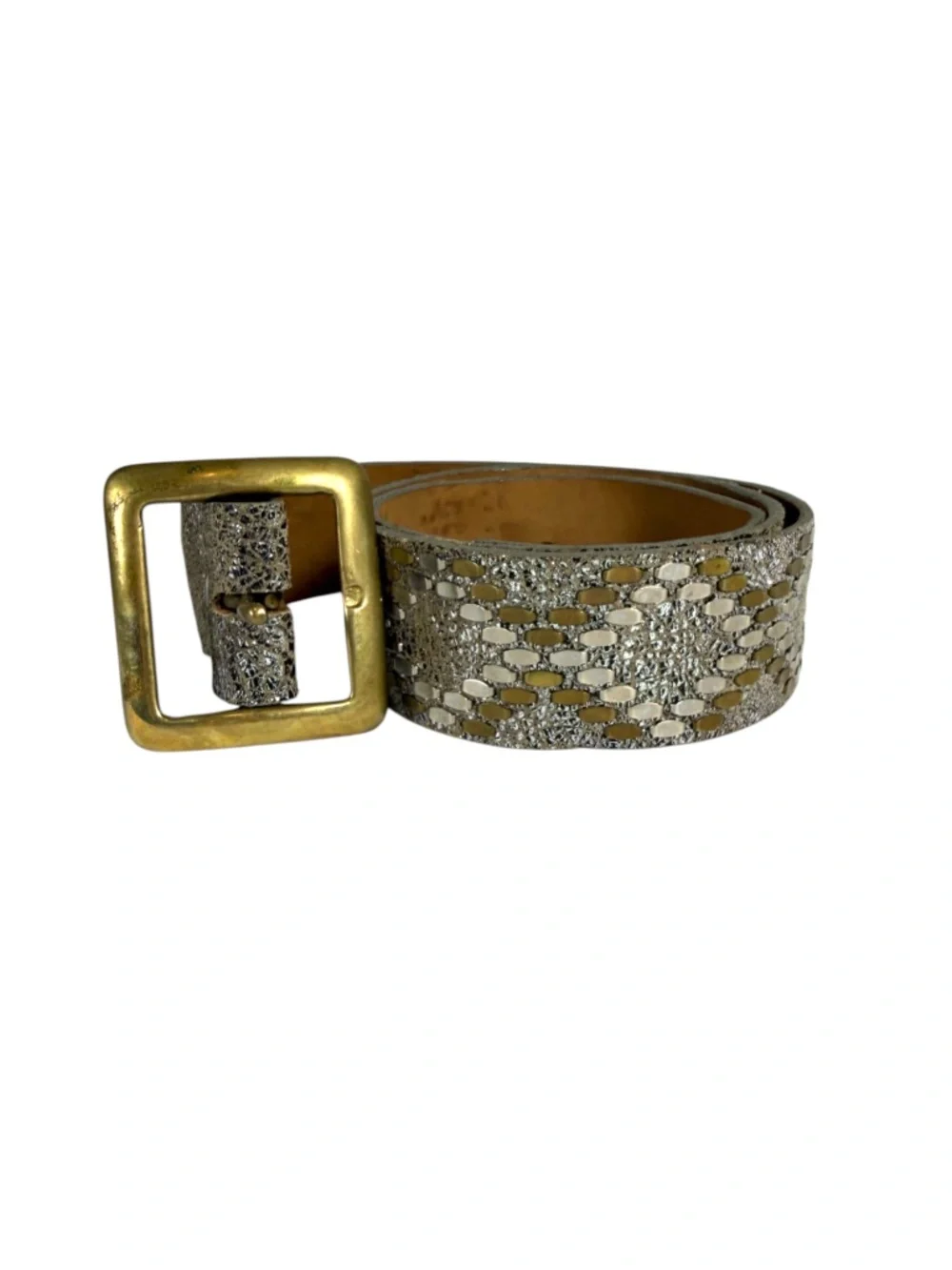 CALLEEN CORDERO Studded Crackled Leather Belt in Metallic Silver Size 34